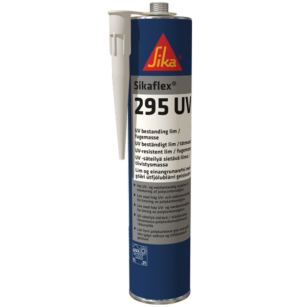 Sika flex 295uv i sort farve præsenteret i tube med etikette.