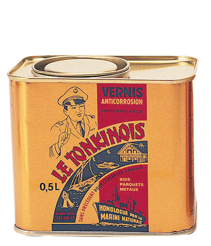 Le Tonkinois linolie lak i 0,5 L flaske set fra siden med produktinformation.