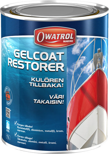 Owatrol Gelcoat Restorer 1L stående med en båd i baggrunden
