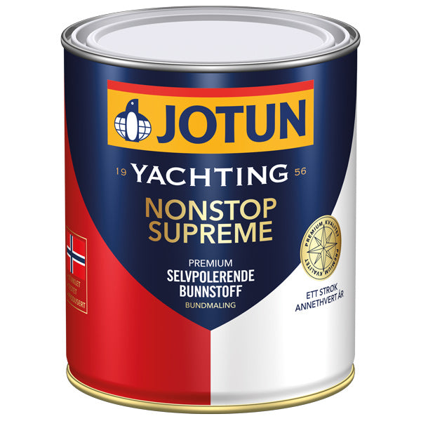 Jotun Nonstop Supreme bundmaling i grå farve, set fra siden med et klart label.