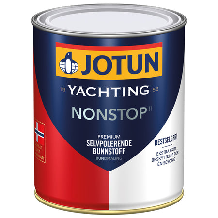Jotun bundmaling i rød farve, set fra siden med label