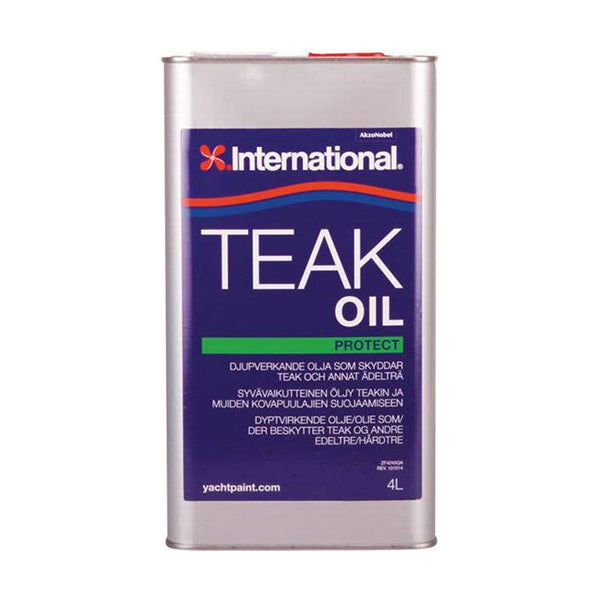 International Teak Oil 4L på hvid baggrund, klar til brug til bådpleje.