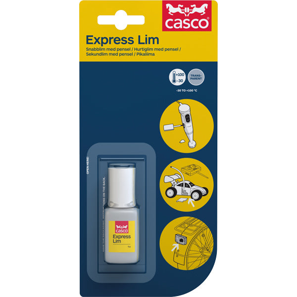 Casco Express Lim med pensel i 5 g flaske, placeret på hvid baggrund