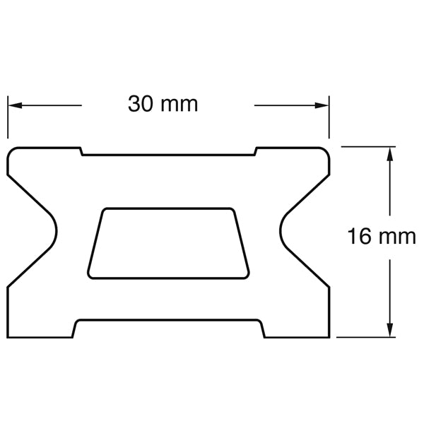 Forfra billede af Ronstan skødeskinne 30mm med detaljer af beslag.