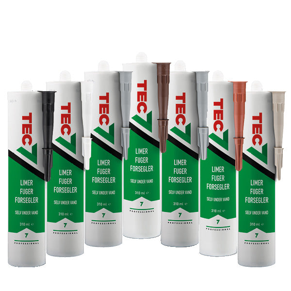 Tec7 fugemasse tube set fra side med skruelåg