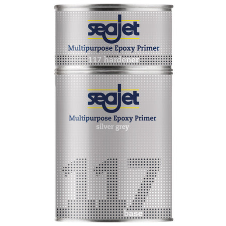 SeaJet 117 multipurpose epoxy primer i sølvgrå, præsenteret i 20L dunk.